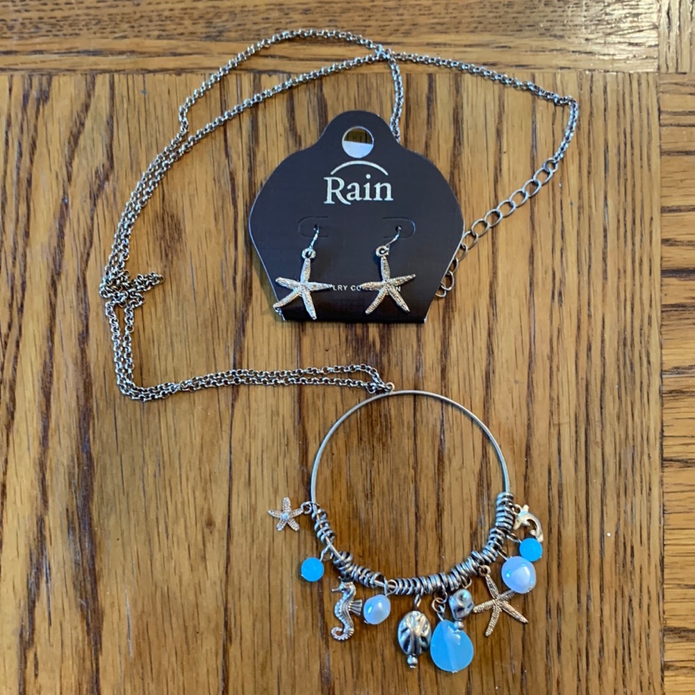 Rain Necklace and Earrings Set with Starfish and Turquoise Colored Beads